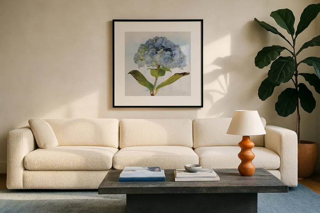 Blue Hydrangea by Deborah Revell. Displayed in a glass frame with matte in a clean modern living room. Available as an archival giclee rolled canvas, fine art paper, or poster print. SKU 91227a.
