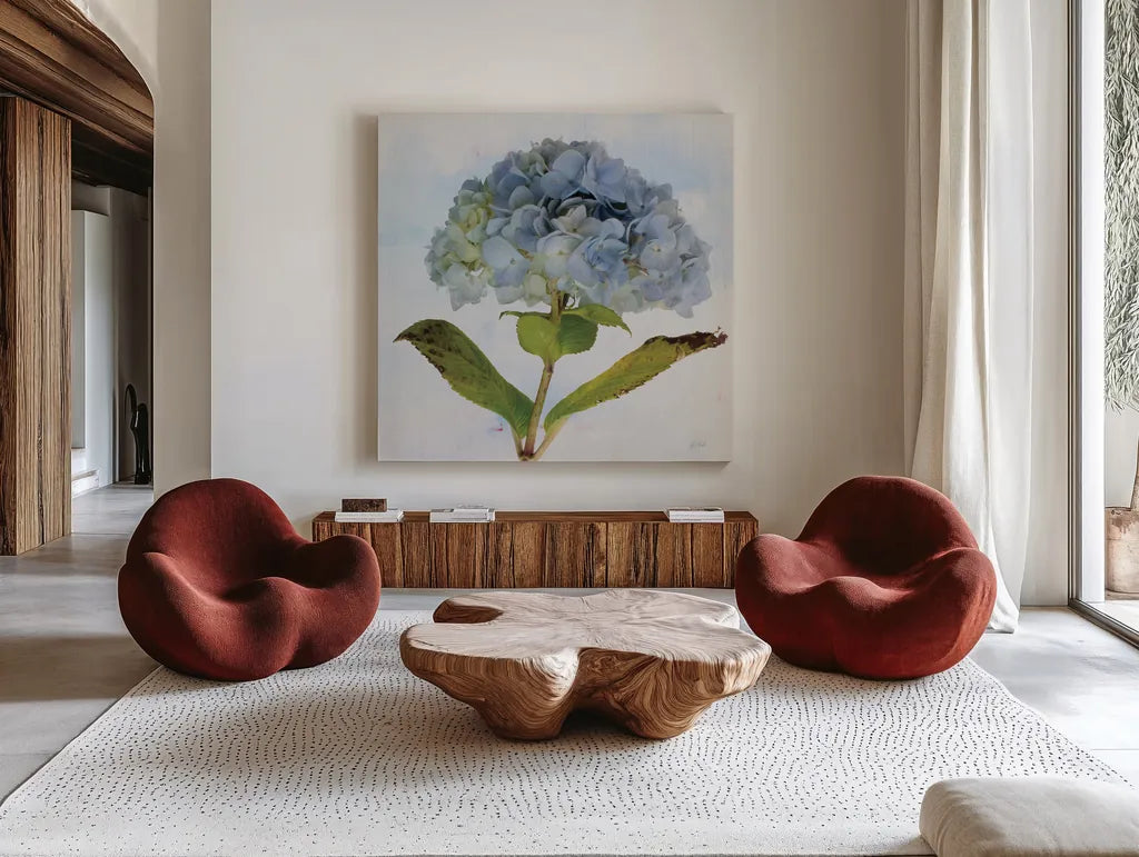 Blue Hydrangea by Deborah Revell. Shown as extra-large giant wall art in a modern living room. Available as an archival giclee rolled canvas, fine art paper, or poster print. SKU 91227a.