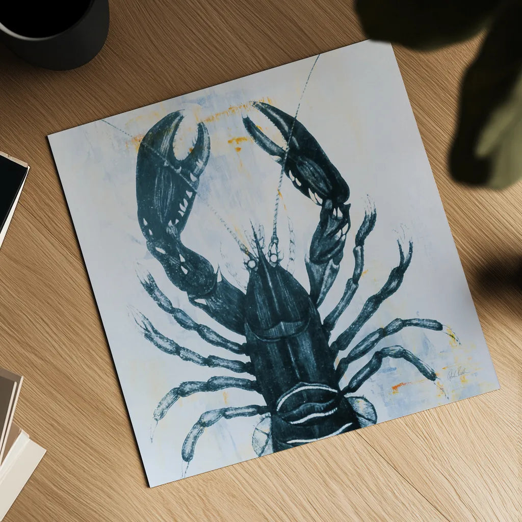 Blue Lobster by Deborah Revell. Shown as a detailed flat fine art print, highlighting archival giclee quality. Available as an archival giclee rolled canvas, fine art paper, or poster print. SKU 91160a.