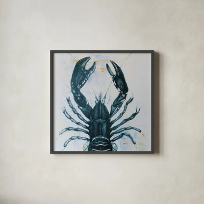 Blue Lobster by Deborah Revell. Shown in a sleek black glass frame for a contemporary gallery look. Available as an archival giclee rolled canvas, fine art paper, or poster print. SKU 91160a.