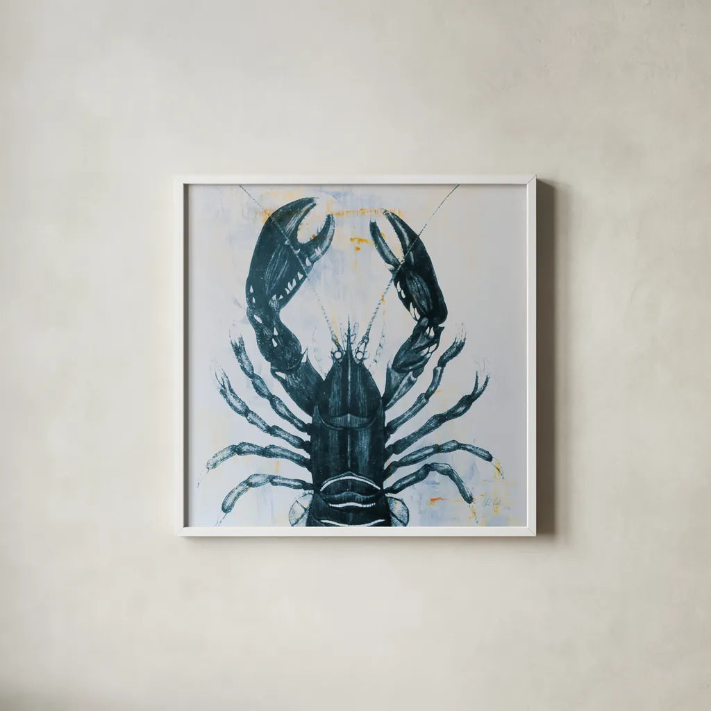 Blue Lobster by Deborah Revell. Shown in a crisp white glass frame for a clean and minimalist style. Available as an archival giclee rolled canvas, fine art paper, or poster print. SKU 91160a.