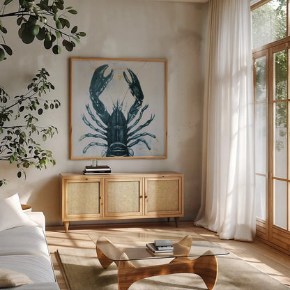 Blue Lobster by Deborah Revell. Shown in a natural wood frame in a cozy modern living room. Available as an archival giclee rolled canvas, fine art paper, or poster print. SKU 91160a.