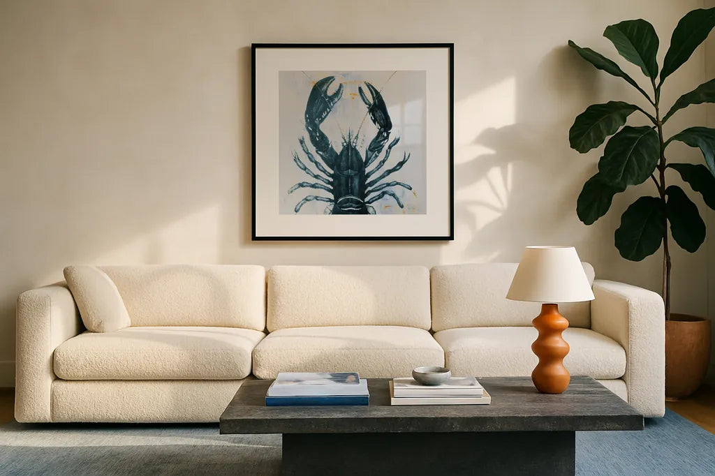 Blue Lobster by Deborah Revell. Displayed in a glass frame with matte in a clean modern living room. Available as an archival giclee rolled canvas, fine art paper, or poster print. SKU 91160a.