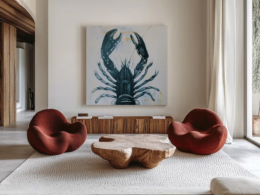 Blue Lobster by Deborah Revell. Shown as extra-large giant wall art in a modern living room. Available as an archival giclee rolled canvas, fine art paper, or poster print. SKU 91160a.