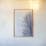 Blue Tree by Deborah Revell. shown as a paper print in a natural frame. Available as a archival giclee rolled canvas, fine art paper, or poster print. SKU 90973h.