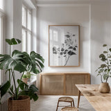 Botanical I by Deborah Revell. shown as a print in a natural wood frame in a dining room. Available as a archival giclee rolled canvas, fine art paper, or poster print. SKU 96567h.