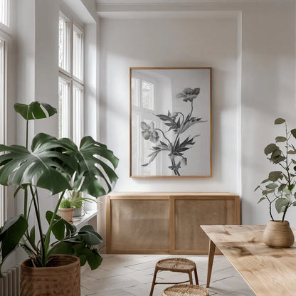 Botanical II by Deborah Revell. shown as a print in a natural wood frame in a dining room. Available as a archival giclee rolled canvas, fine art paper, or poster print. SKU 96568h.