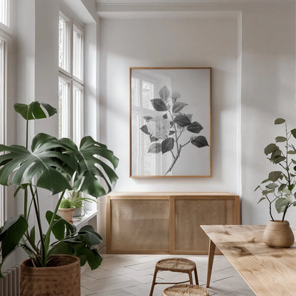 Botanical V by Deborah Revell. shown as a print in a natural wood frame in a dining room. Available as a archival giclee rolled canvas, fine art paper, or poster print. SKU 96571h.