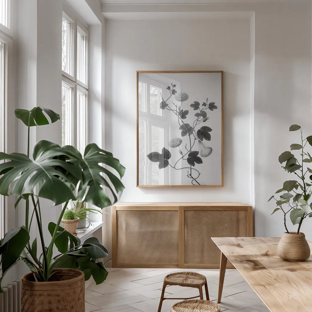 Botanical VI by Deborah Revell. shown as a print in a natural wood frame in a dining room. Available as a archival giclee rolled canvas, fine art paper, or poster print. SKU 96572h.