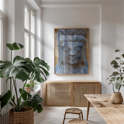 Buddha by Deborah Revell. shown as a print in a natural wood frame in a dining room. Available as a archival giclee rolled canvas, fine art paper, or poster print. SKU 93999h.