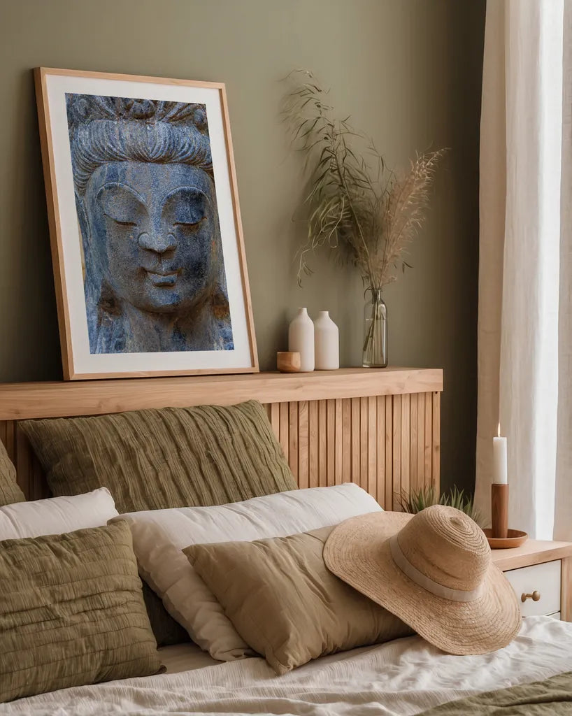 Buddha by Deborah Revell. shown as a paper print in a natural frame. Available as a archival giclee rolled canvas, fine art paper, or poster print. SKU 93999h.