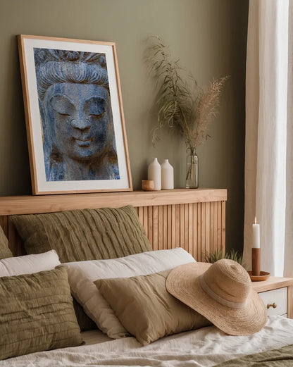 Buddha by Deborah Revell. shown as a paper print in a natural frame. Available as a archival giclee rolled canvas, fine art paper, or poster print. SKU 93999h.