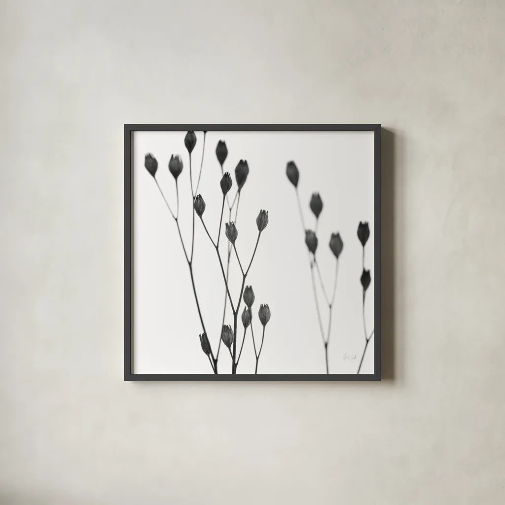 Buds I by Deborah Revell. Shown in a sleek black glass frame for a contemporary gallery look. Available as an archival giclee rolled canvas, fine art paper, or poster print. SKU 92266a.
