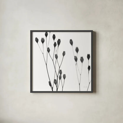 Buds I by Deborah Revell. Shown in a sleek black glass frame for a contemporary gallery look. Available as an archival giclee rolled canvas, fine art paper, or poster print. SKU 92266a.