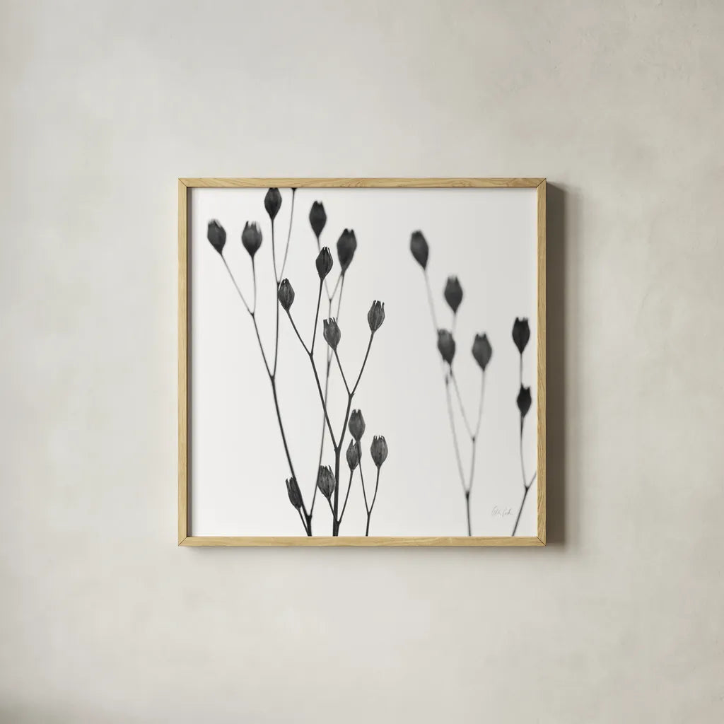 Buds I by Deborah Revell. Shown in a natural wood glass frame for a timeless modern aesthetic. Available as an archival giclee rolled canvas, fine art paper, or poster print. SKU 92266a.