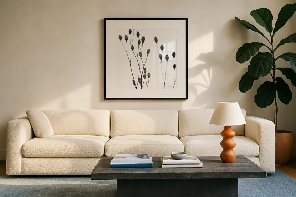 Buds I by Deborah Revell. Displayed in a glass frame with matte in a clean modern living room. Available as an archival giclee rolled canvas, fine art paper, or poster print. SKU 92266a.