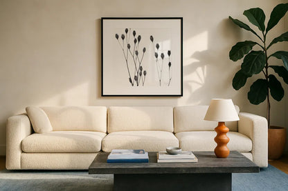 Buds I by Deborah Revell. Displayed in a glass frame with matte in a clean modern living room. Available as an archival giclee rolled canvas, fine art paper, or poster print. SKU 92266a.