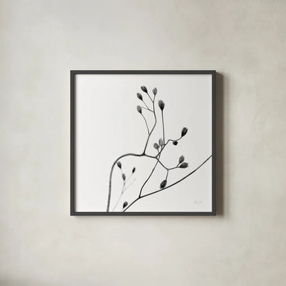 Buds II by Deborah Revell. Shown in a sleek black glass frame for a contemporary gallery look. Available as an archival giclee rolled canvas, fine art paper, or poster print. SKU 92267a.