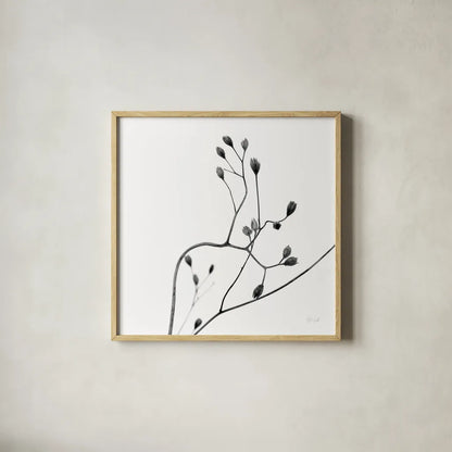 Buds II by Deborah Revell. Shown in a natural wood glass frame for a timeless modern aesthetic. Available as an archival giclee rolled canvas, fine art paper, or poster print. SKU 92267a.