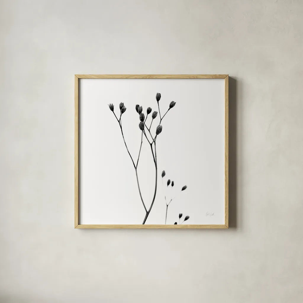 Buds III by Deborah Revell. Shown in a natural wood glass frame for a timeless modern aesthetic. Available as an archival giclee rolled canvas, fine art paper, or poster print. SKU 92268a.