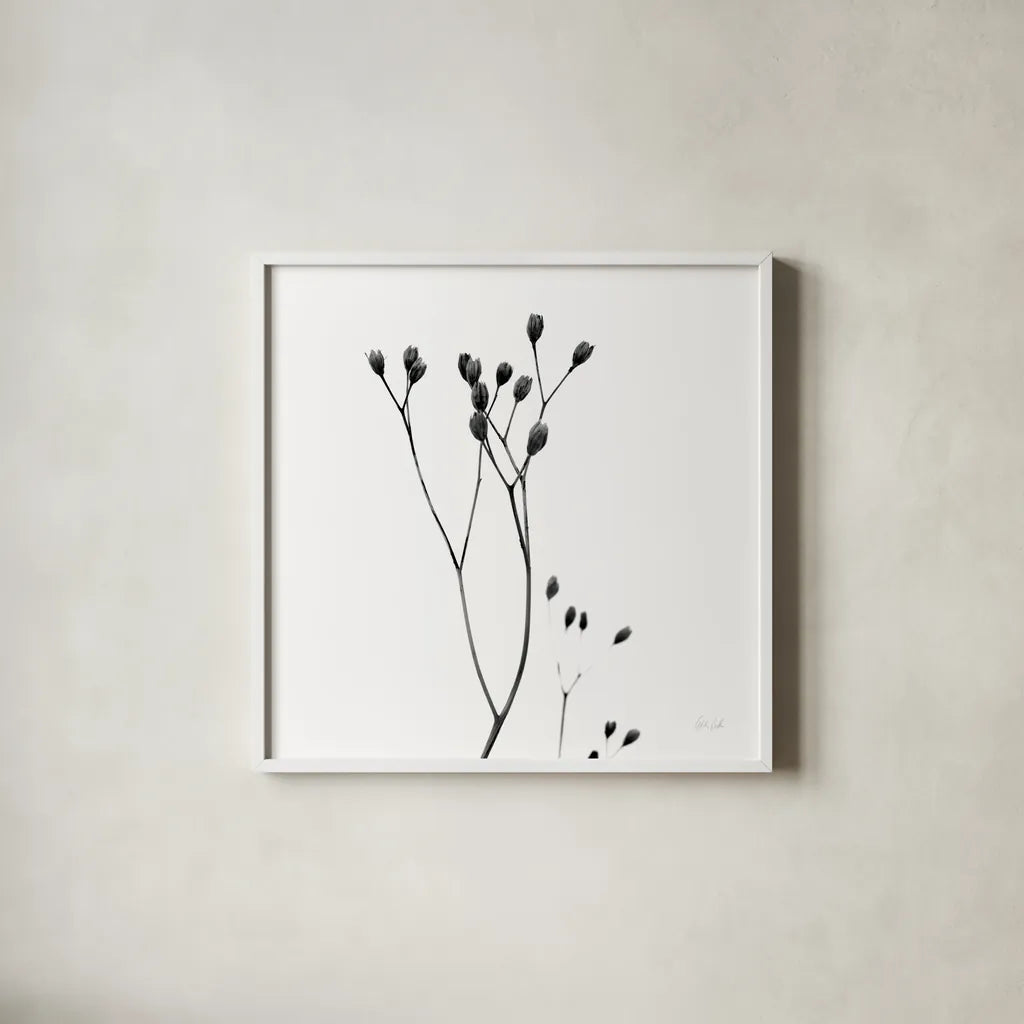 Buds III by Deborah Revell. Shown in a crisp white glass frame for a clean and minimalist style. Available as an archival giclee rolled canvas, fine art paper, or poster print. SKU 92268a.