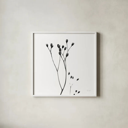 Buds III by Deborah Revell. Shown in a crisp white glass frame for a clean and minimalist style. Available as an archival giclee rolled canvas, fine art paper, or poster print. SKU 92268a.