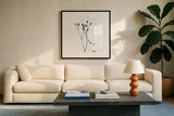 Buds III by Deborah Revell. Displayed in a glass frame with matte in a clean modern living room. Available as an archival giclee rolled canvas, fine art paper, or poster print. SKU 92268a.