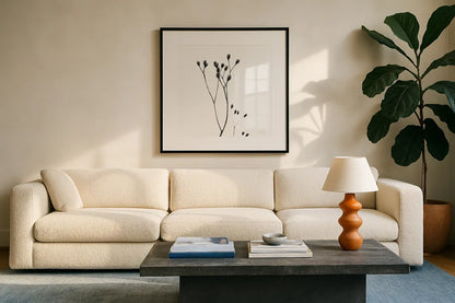 Buds III by Deborah Revell. Displayed in a glass frame with matte in a clean modern living room. Available as an archival giclee rolled canvas, fine art paper, or poster print. SKU 92268a.