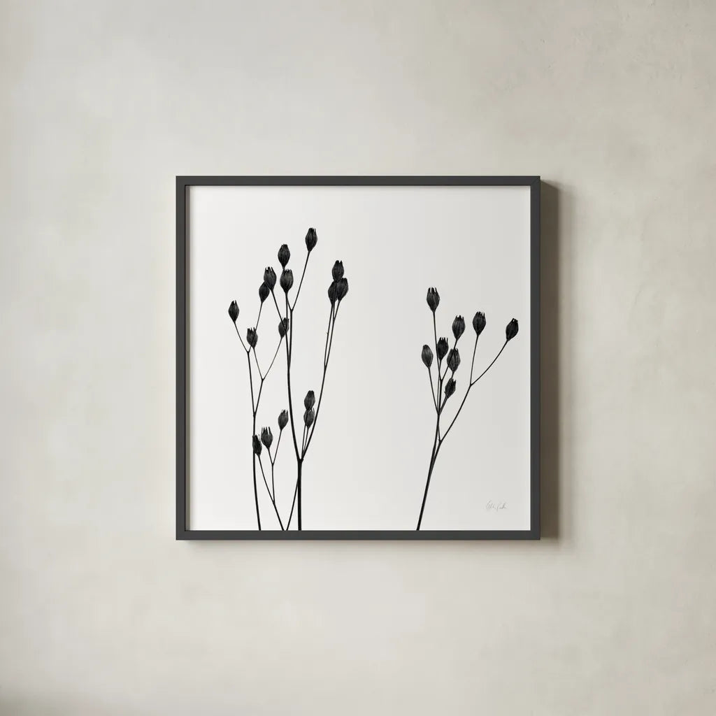 Buds IV by Deborah Revell. Shown in a sleek black glass frame for a contemporary gallery look. Available as an archival giclee rolled canvas, fine art paper, or poster print. SKU 92269a.