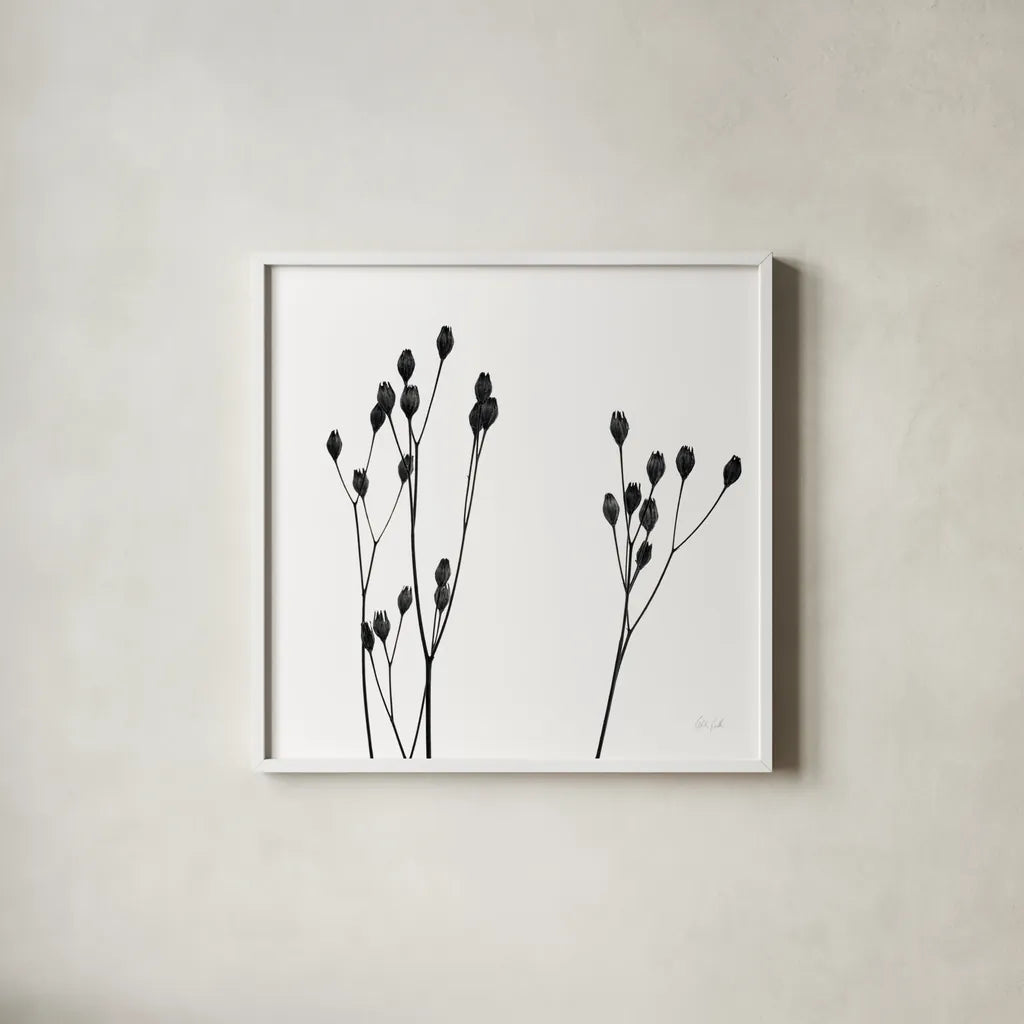 Buds IV by Deborah Revell. Shown in a crisp white glass frame for a clean and minimalist style. Available as an archival giclee rolled canvas, fine art paper, or poster print. SKU 92269a.