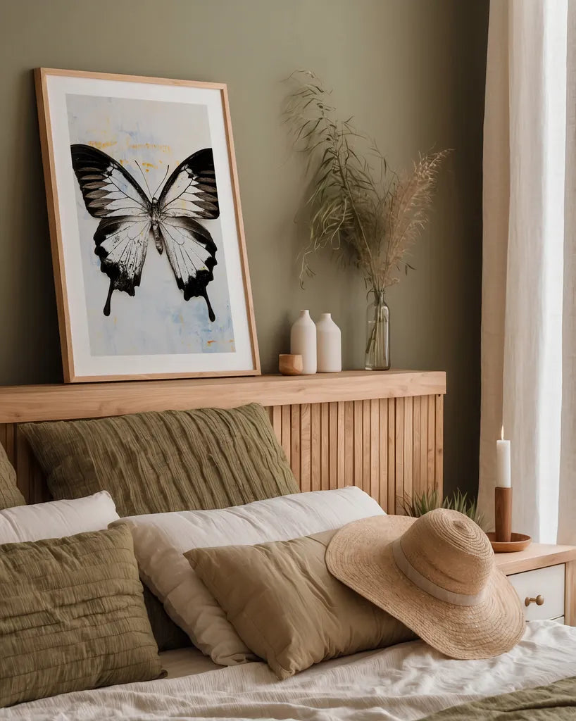 Butterfly I by Deborah Revell. shown as a paper print in a natural frame. Available as a archival giclee rolled canvas, fine art paper, or poster print. SKU 91143h.