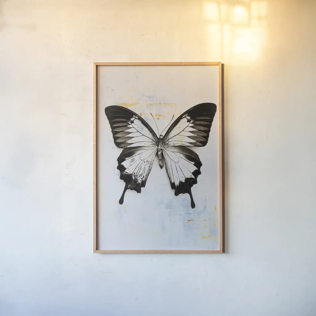 Butterfly I by Deborah Revell. shown as a paper print in a natural frame. Available as a archival giclee rolled canvas, fine art paper, or poster print. SKU 91143h.