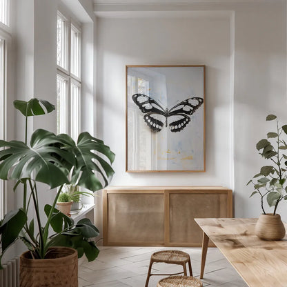 Butterfly II by Deborah Revell. shown as a print in a natural wood frame in a dining room. Available as a archival giclee rolled canvas, fine art paper, or poster print. SKU 91144h.