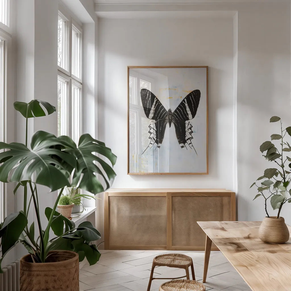 Butterfly III by Deborah Revell. shown as a print in a natural wood frame in a dining room. Available as a archival giclee rolled canvas, fine art paper, or poster print. SKU 91145h.