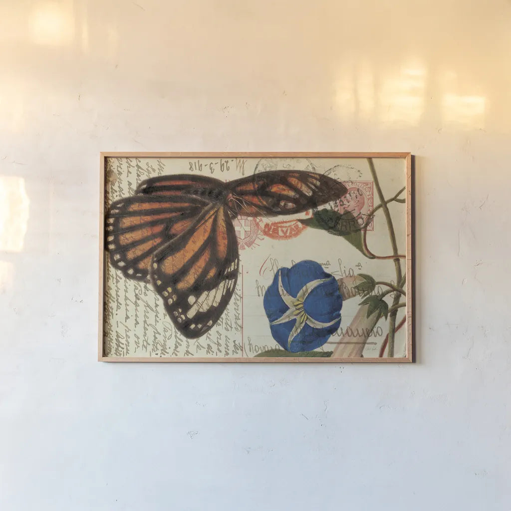 Butterfly Postcard I by Deborah Revell. shown as a paper print in a natural frame. Available as a archival giclee rolled canvas, fine art paper, or poster print. SKU 91112i.