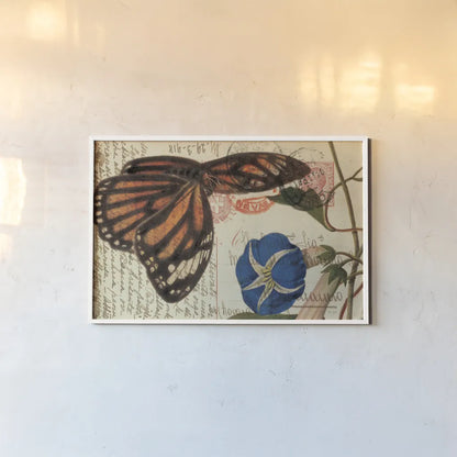 Butterfly Postcard I by Deborah Revell. shown as a paper print in a white frame. Available as a archival giclee rolled canvas, fine art paper, or poster print. SKU 91112i.