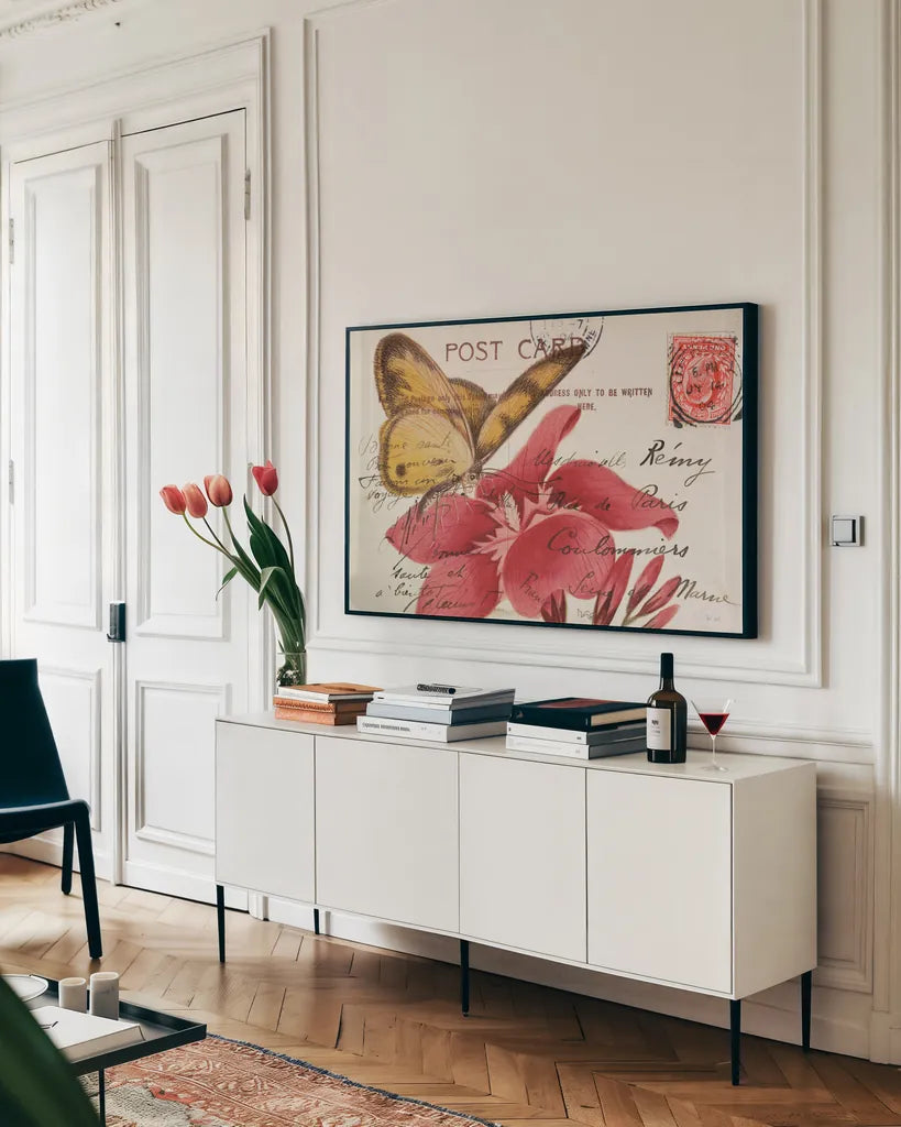 Butterfly Postcard II by Deborah Revell. shown as a framed stretched canvas in a living room above a console. Available as a archival giclee rolled canvas, fine art paper, or poster print. SKU 91113i.