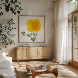 California Poppy by Deborah Revell. Shown in a natural wood frame in a cozy modern living room. Available as an archival giclee rolled canvas, fine art paper, or poster print. SKU 104465a.