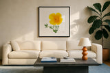 California Poppy by Deborah Revell. Displayed in a glass frame with matte in a clean modern living room. Available as an archival giclee rolled canvas, fine art paper, or poster print. SKU 104465a.