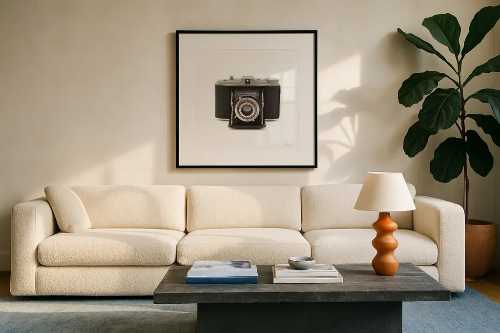 Camera by Deborah Revell. Displayed in a glass frame with matte in a clean modern living room. Available as an archival giclee rolled canvas, fine art paper, or poster print. SKU 92064a.