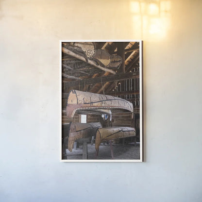 Canoe Barn II by Deborah Revell. shown as a paper print in a white frame. Available as a archival giclee rolled canvas, fine art paper, or poster print. SKU 99670h.