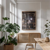 Canoe Barn III by Deborah Revell. shown as a print in a natural wood frame in a dining room. Available as a archival giclee rolled canvas, fine art paper, or poster print. SKU 99671h.