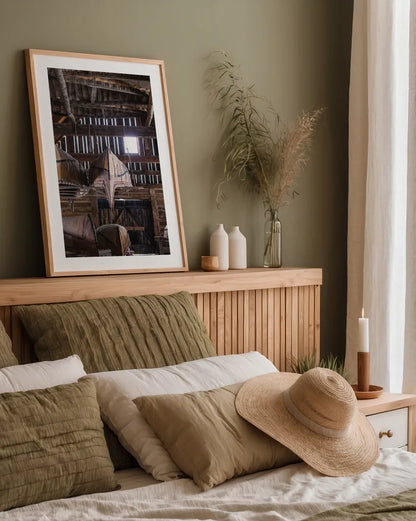 Canoe Barn III by Deborah Revell. shown as a paper print in a natural frame. Available as a archival giclee rolled canvas, fine art paper, or poster print. SKU 99671h.