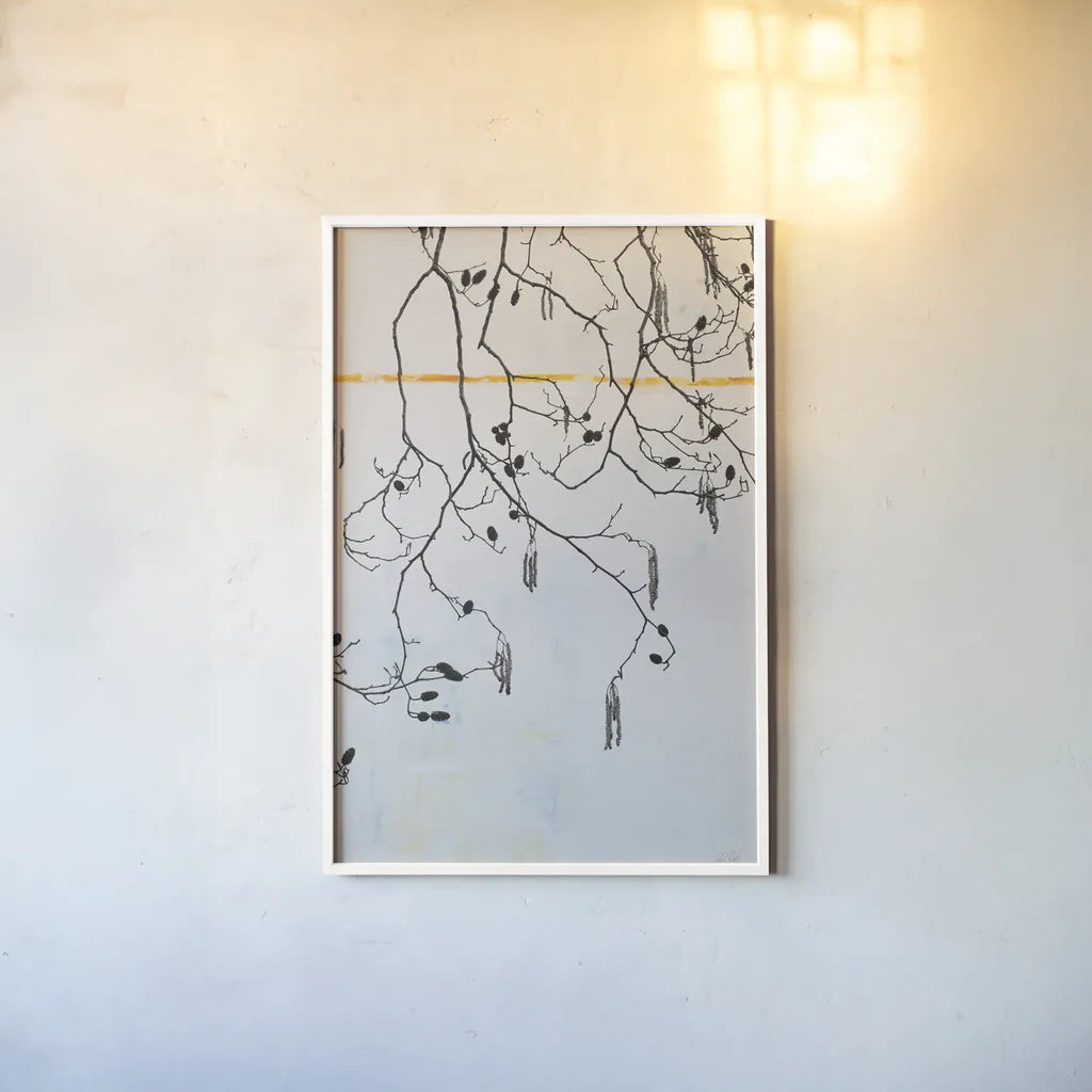 Catkins by Deborah Revell. shown as a paper print in a white frame. Available as a archival giclee rolled canvas, fine art paper, or poster print. SKU 90974h.