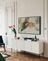 Chaffinch by Deborah Revell. shown as a framed stretched canvas in a living room above a console. Available as a archival giclee rolled canvas, fine art paper, or poster print. SKU 104182i.