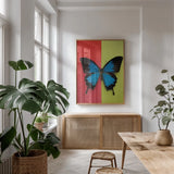 Chromatic Butterfly I by Deborah Revell. shown as a print in a natural wood frame in a dining room. Available as a archival giclee rolled canvas, fine art paper, or poster print. SKU 96043h.