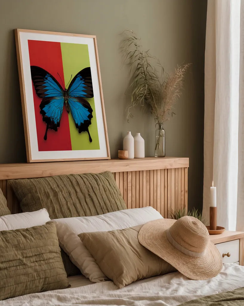 Chromatic Butterfly I by Deborah Revell. shown as a paper print in a natural frame. Available as a archival giclee rolled canvas, fine art paper, or poster print. SKU 96043h.