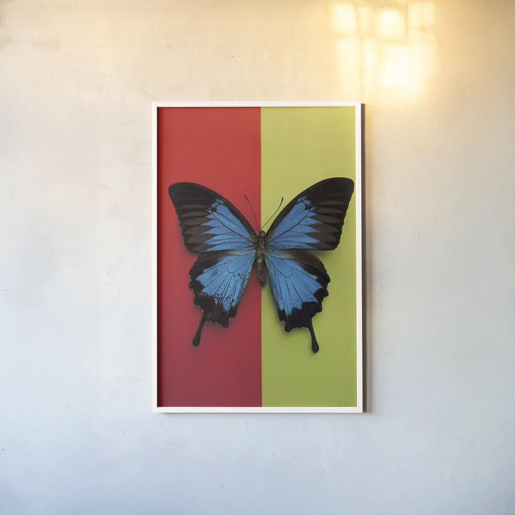 Chromatic Butterfly I by Deborah Revell. shown as a paper print in a white frame. Available as a archival giclee rolled canvas, fine art paper, or poster print. SKU 96043h.