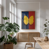 Chromatic Butterfly II by Deborah Revell. shown as a print in a natural wood frame in a dining room. Available as a archival giclee rolled canvas, fine art paper, or poster print. SKU 96044h.