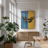 Chromatic Butterfly III by Deborah Revell. shown as a print in a natural wood frame in a dining room. Available as a archival giclee rolled canvas, fine art paper, or poster print. SKU 96045h.
